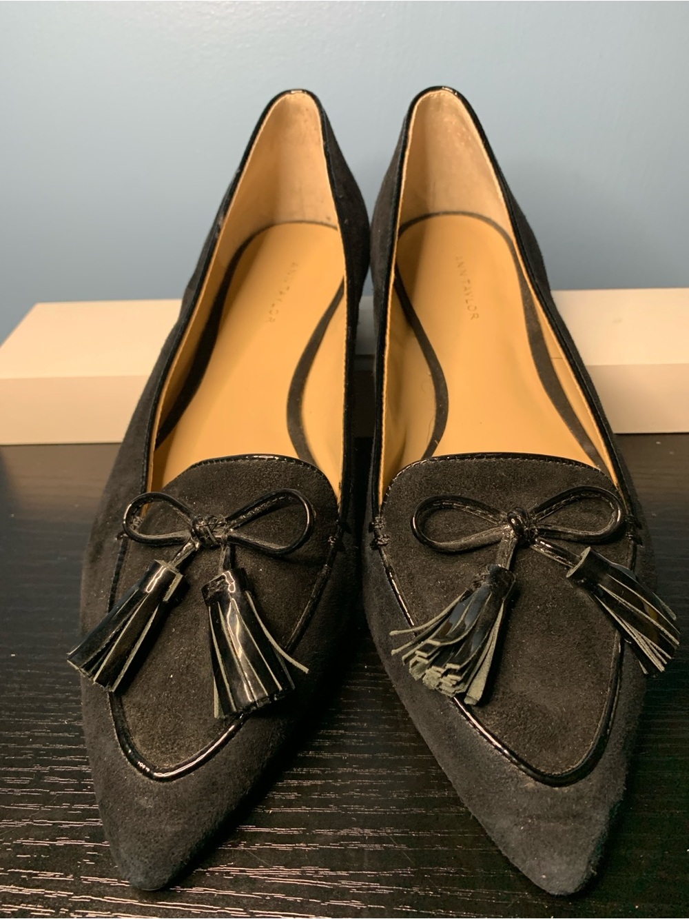 Ann Taylor Black Pointed Suede Tassel Loafers